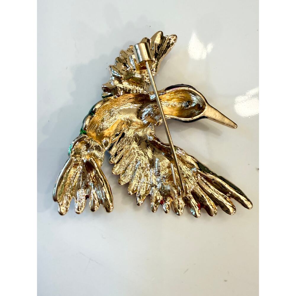 Colorful Enamel Hummingbird Brooch Gold Multicolor Bird Pin Statement Jewelry - Picture 2 of 2